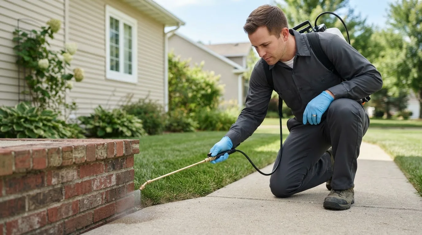 Pest control technician treating a home near Plymouth, PA